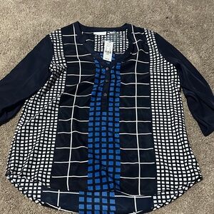New York & Company Navy and White Grid Blouse